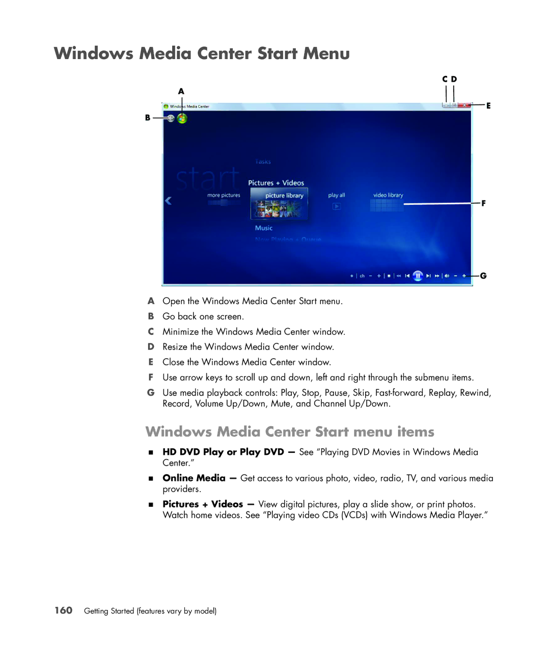 HP a6347c manual Windows Media Center Start Menu, Windows Media Center Start menu items 