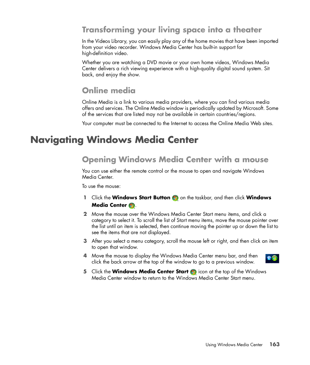 HP a6347c manual Navigating Windows Media Center, Transforming your living space into a theater, Online media 