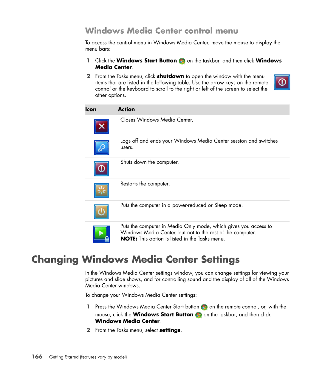 HP a6347c manual Changing Windows Media Center Settings, Windows Media Center control menu, Icon Action 