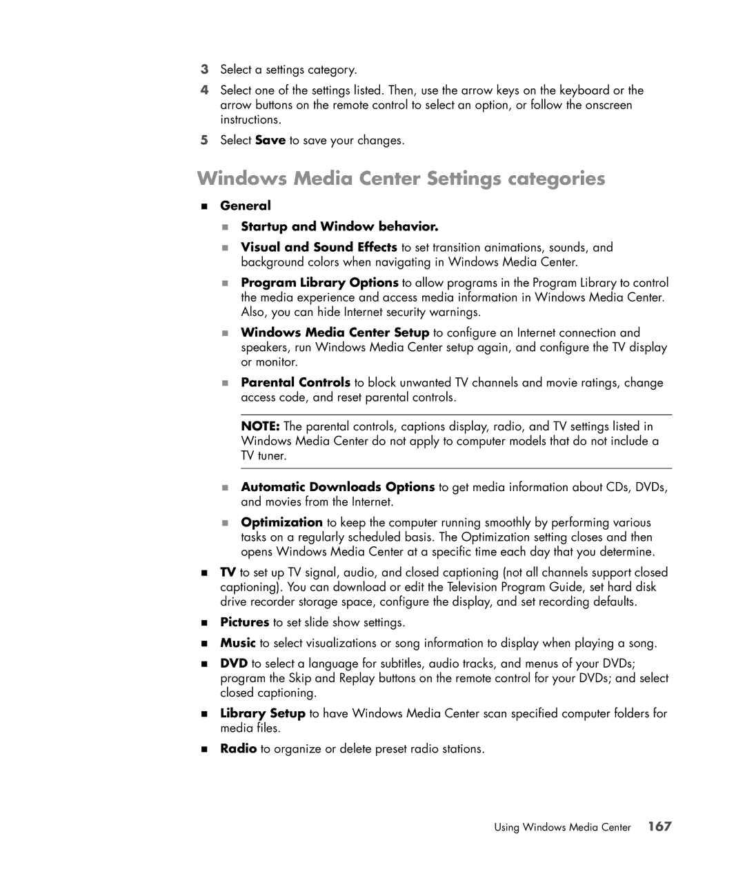 HP a6347c manual Windows Media Center Settings categories, General Startup and Window behavior 