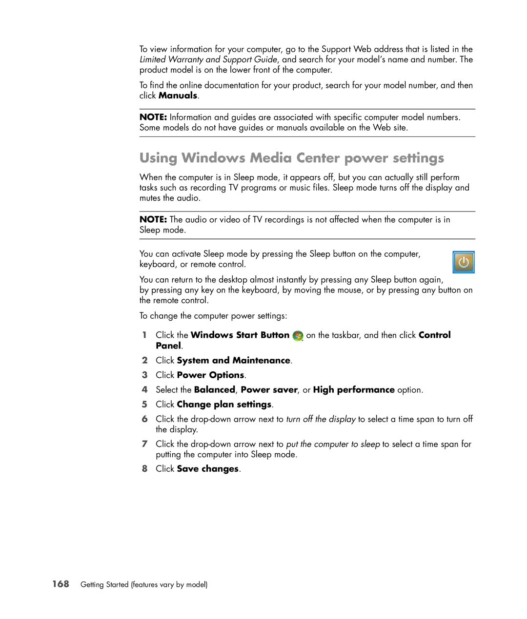 HP a6347c manual Using Windows Media Center power settings, Click Save changes 