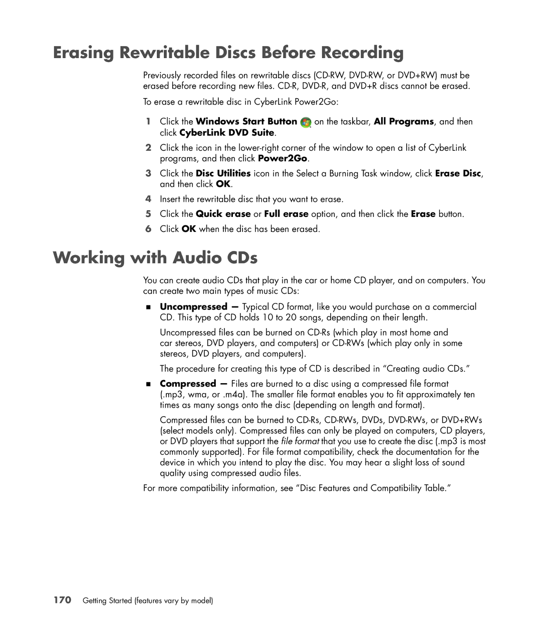 HP a6347c manual Erasing Rewritable Discs Before Recording, Working with Audio CDs 