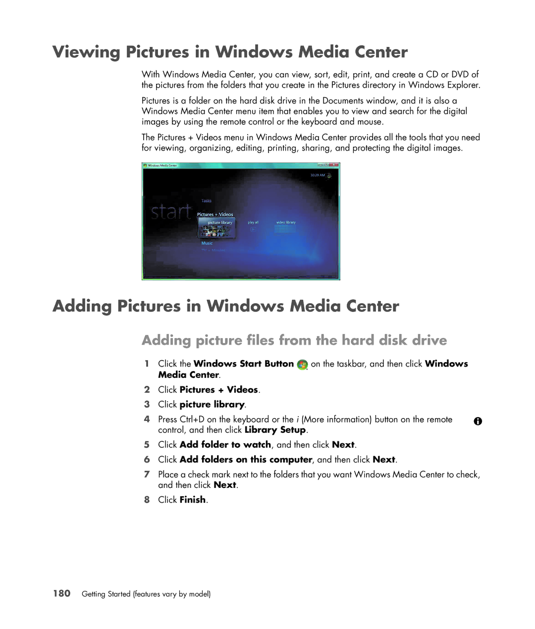 HP a6347c manual Viewing Pictures in Windows Media Center, Adding Pictures in Windows Media Center 