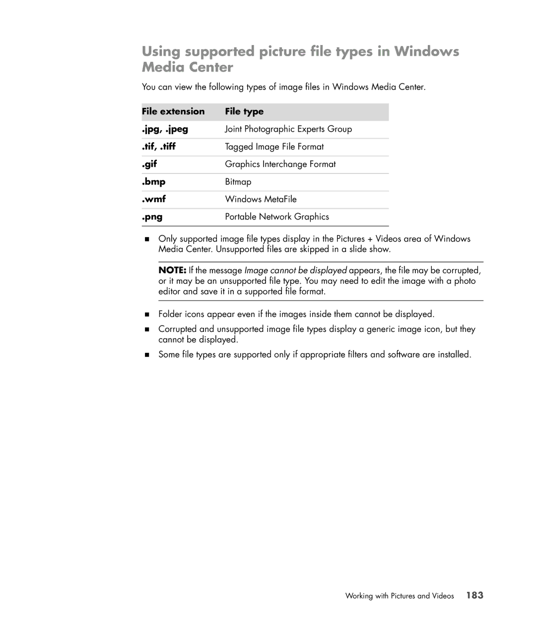 HP a6347c manual Using supported picture file types in Windows Media Center 