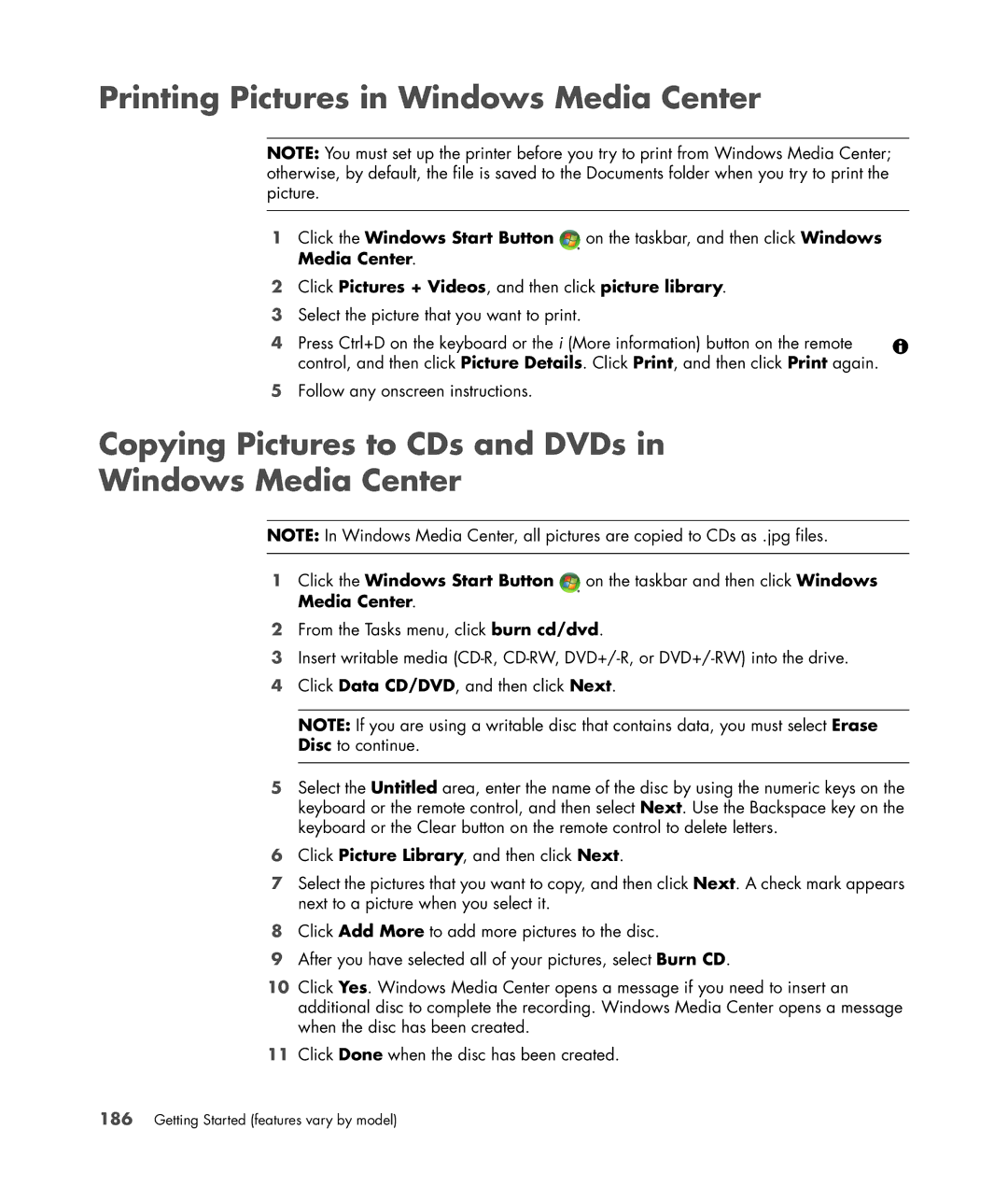 HP a6347c manual Printing Pictures in Windows Media Center, Copying Pictures to CDs and DVDs Windows Media Center 