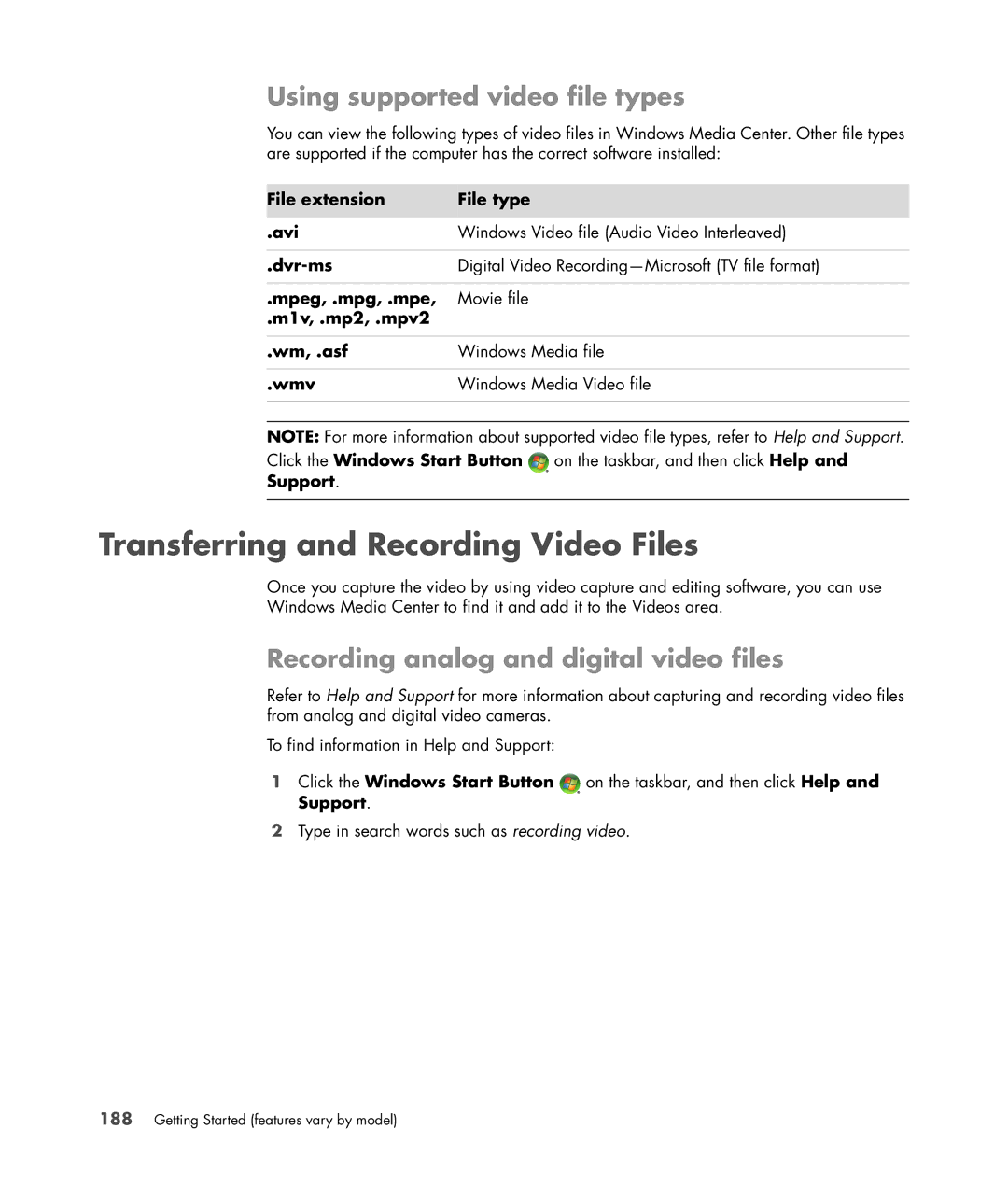 HP a6347c manual Transferring and Recording Video Files, Using supported video file types 