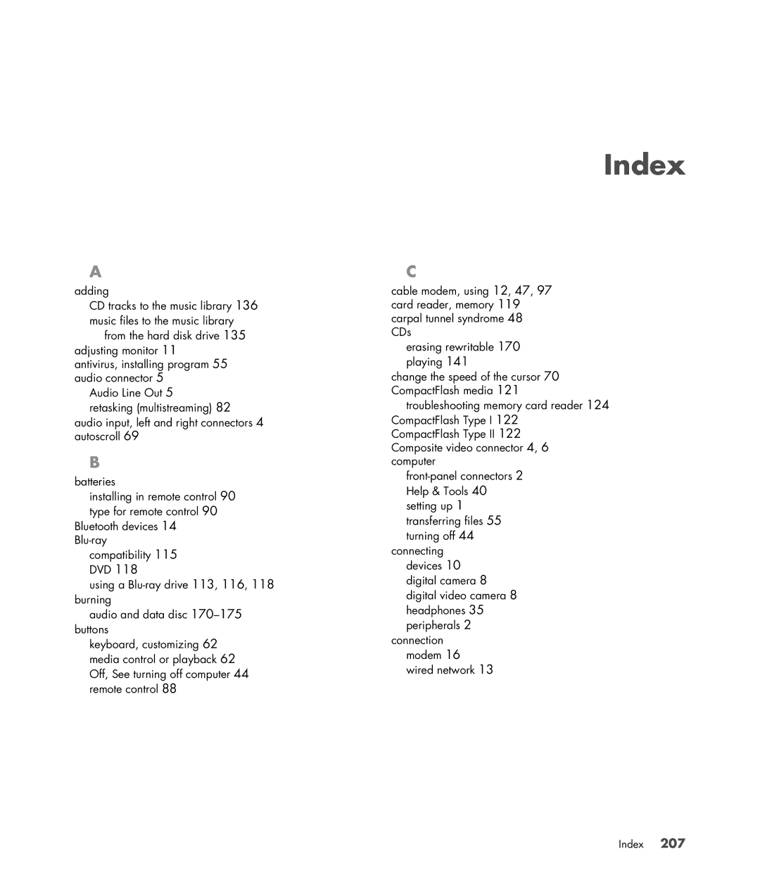 HP a6347c manual Index 