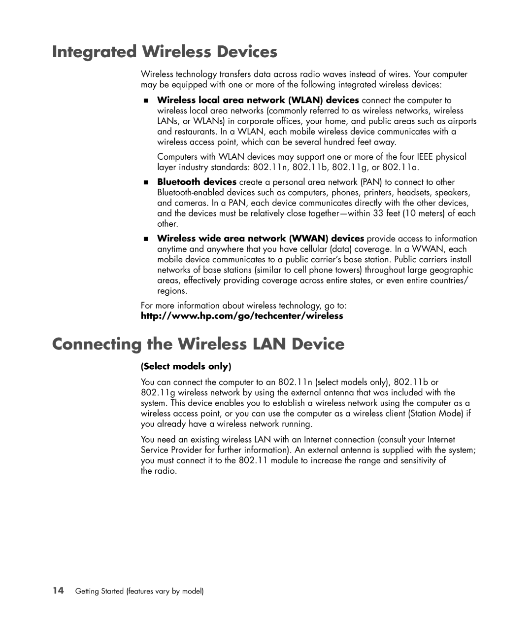 HP a6347c manual Integrated Wireless Devices, Connecting the Wireless LAN Device, Select models only 