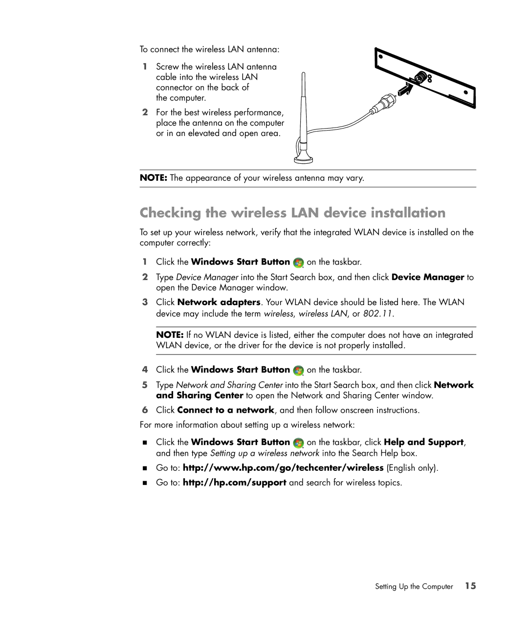 HP a6347c manual Checking the wireless LAN device installation 