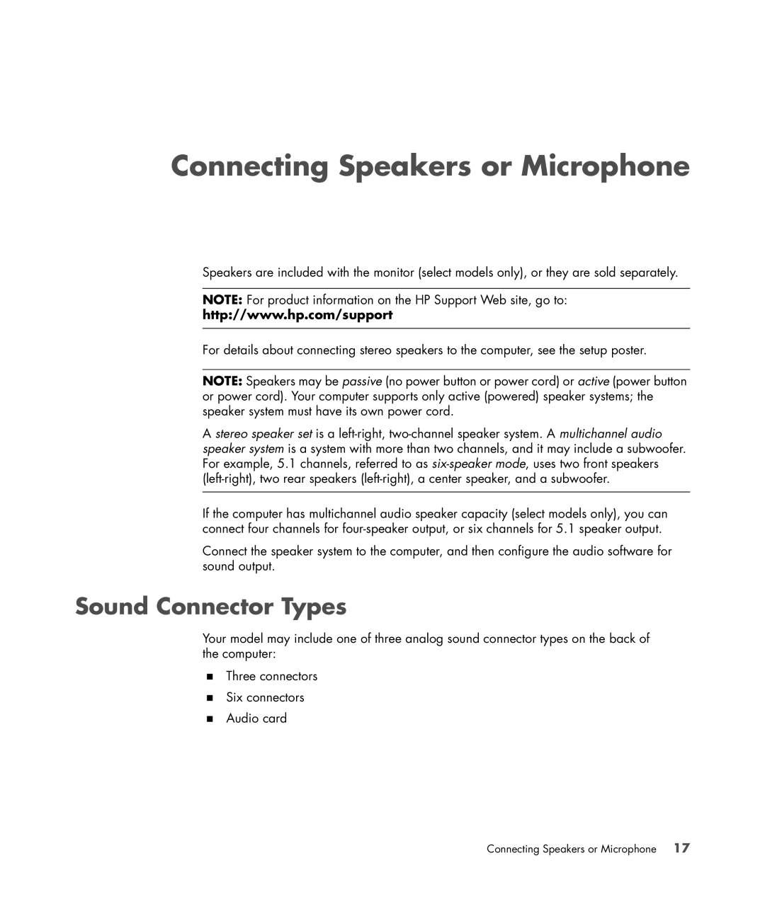 HP a6347c manual Connecting Speakers or Microphone, Sound Connector Types 