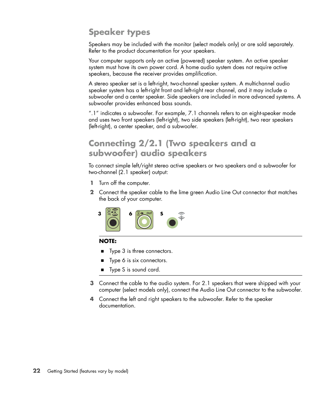 HP a6347c manual Speaker types, Connecting 2/2.1 Two speakers and a subwoofer audio speakers 