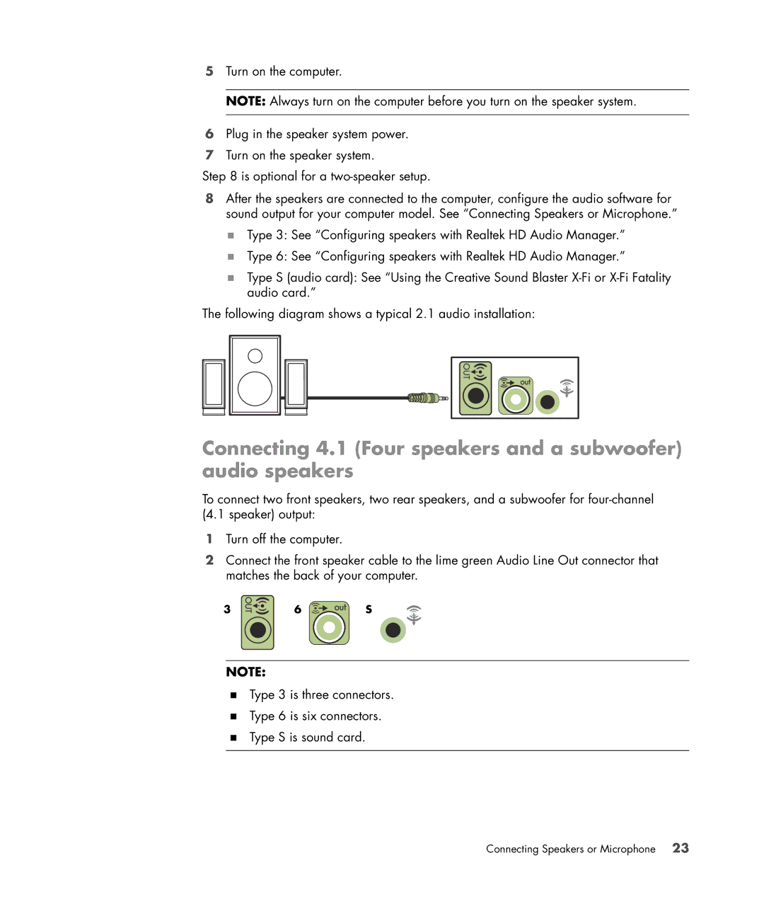 HP a6347c manual Connecting 4.1 Four speakers and a subwoofer audio speakers 