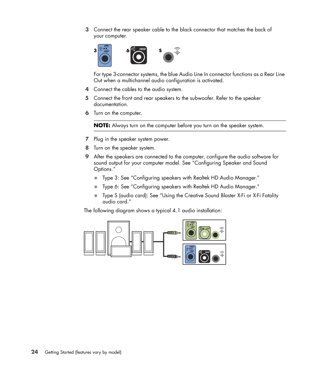 HP a6347c manual Getting Started features vary by model 