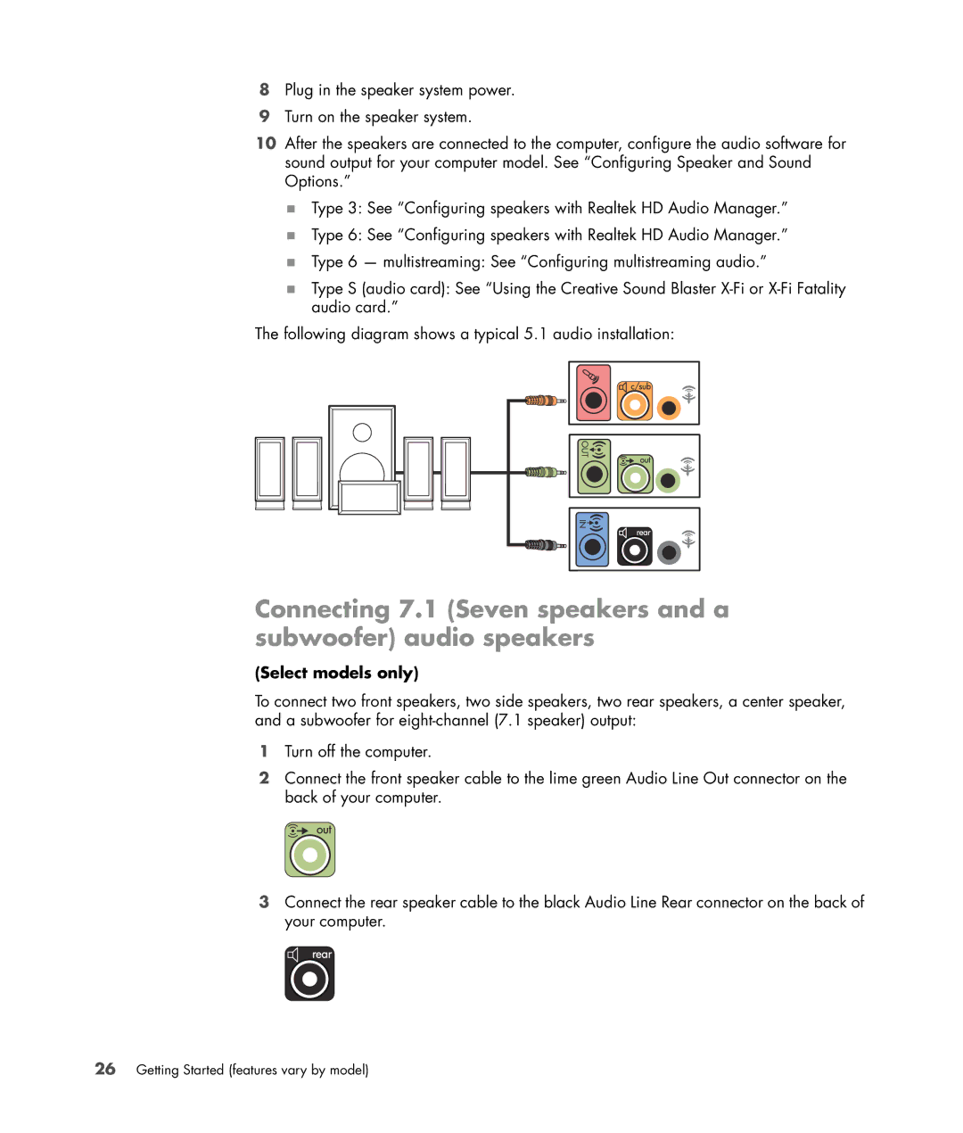 HP a6347c manual Connecting 7.1 Seven speakers and a subwoofer audio speakers 