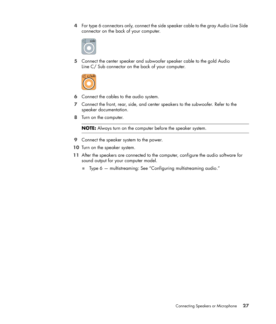 HP a6347c manual Connecting Speakers or Microphone 