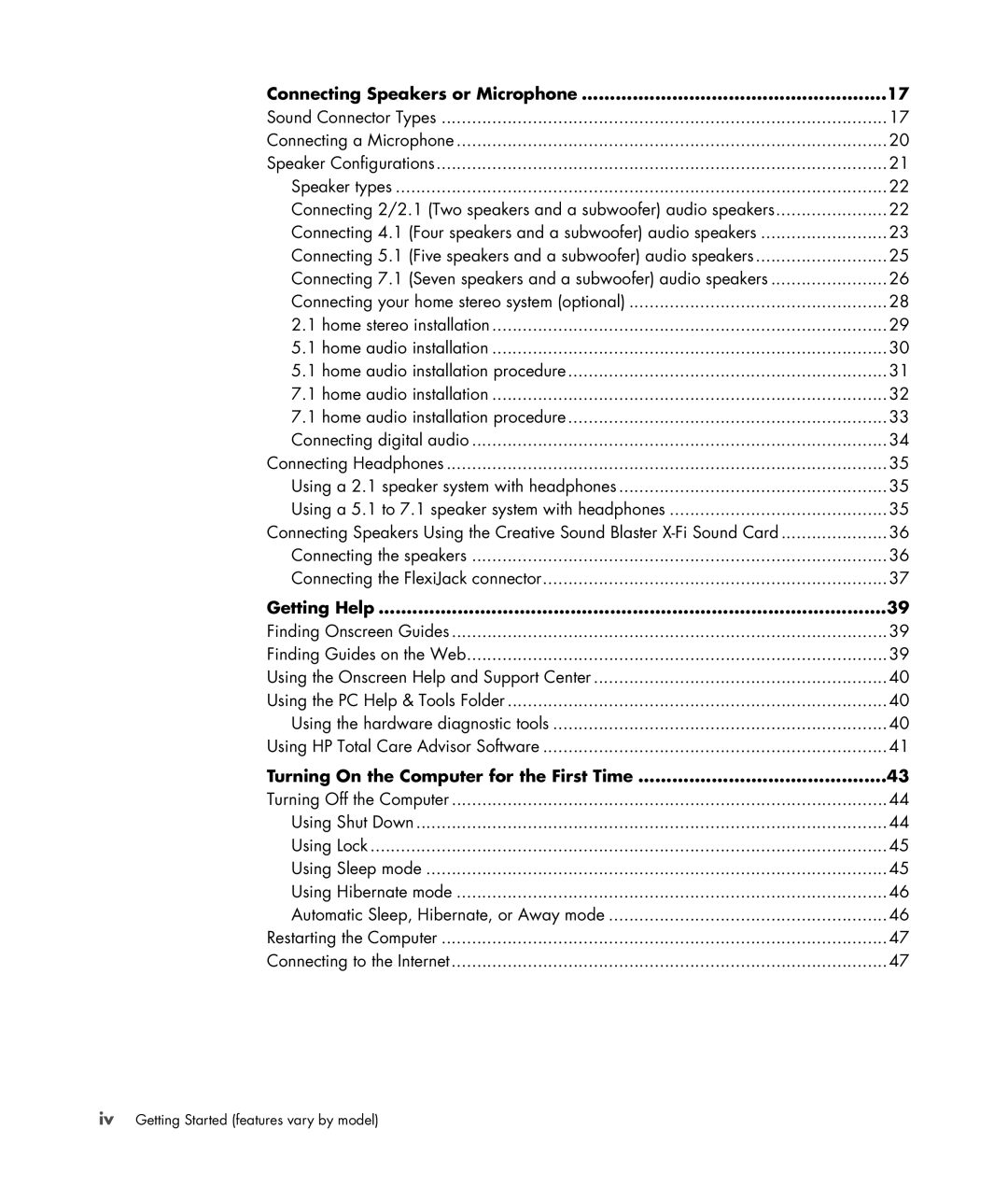 HP a6347c manual Connecting Speakers or Microphone, Getting Help, Turning On the Computer for the First Time 