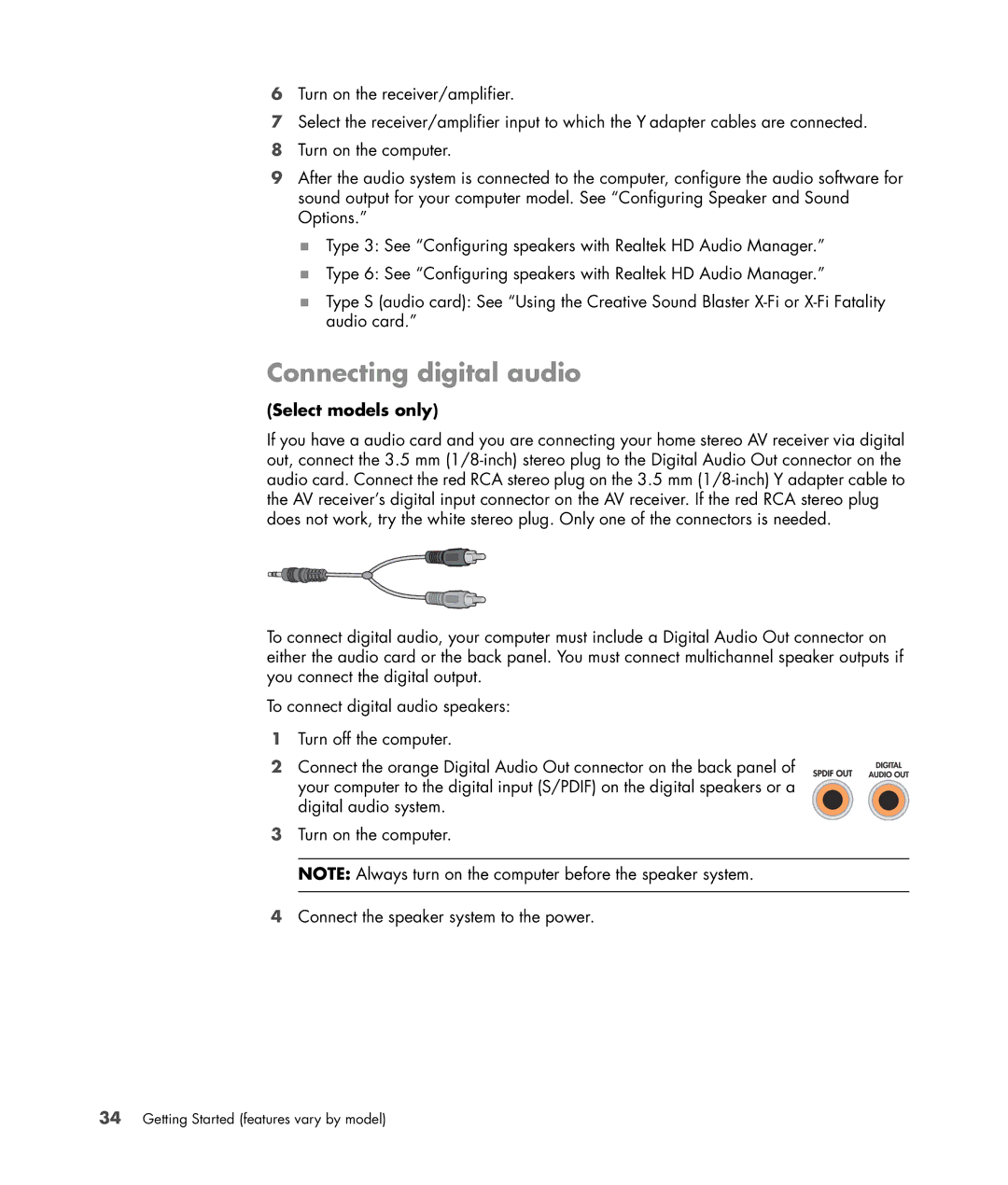 HP a6347c manual Connecting digital audio, Select models only 
