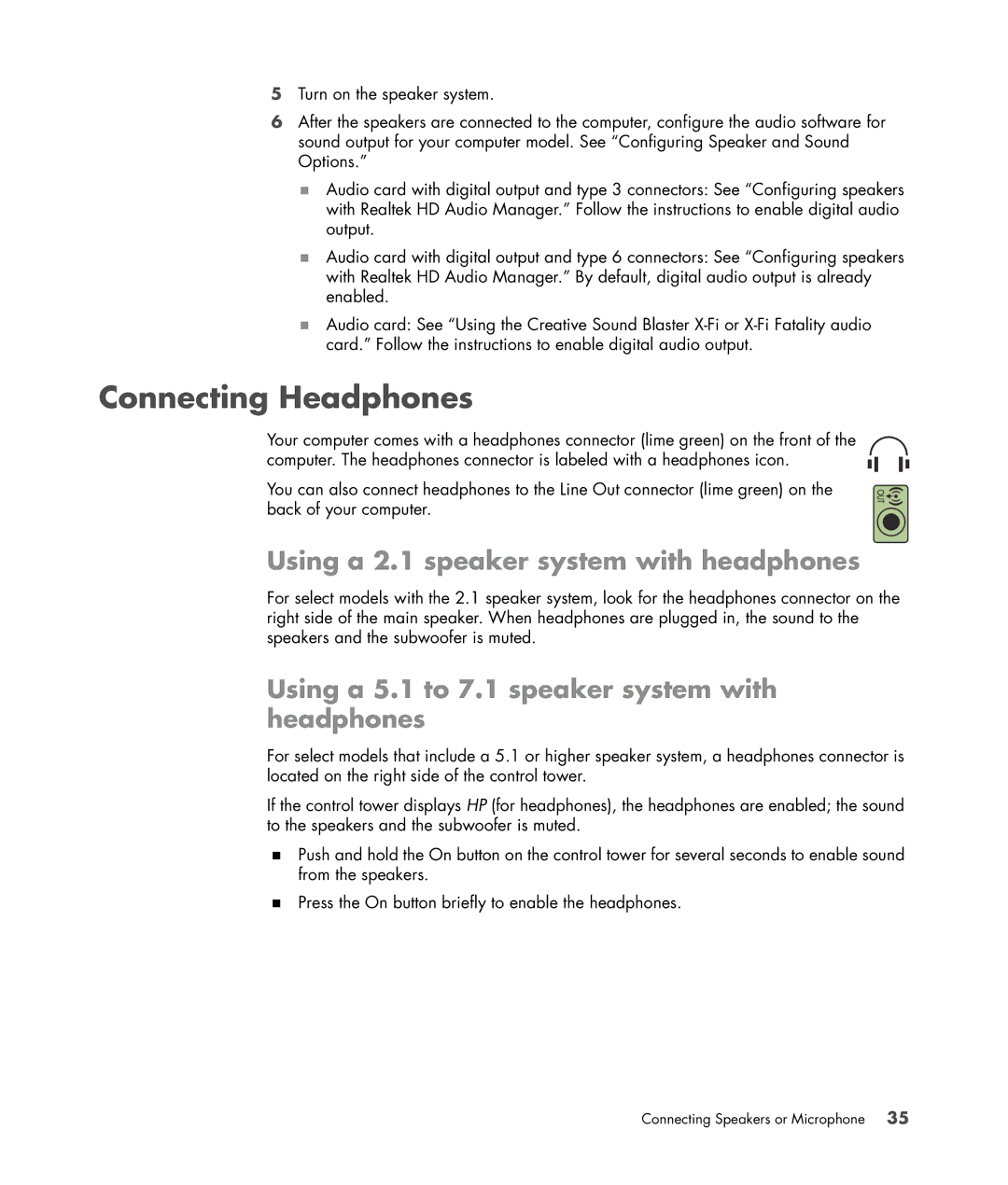 HP a6347c manual Connecting Headphones, Using a 2.1 speaker system with headphones 