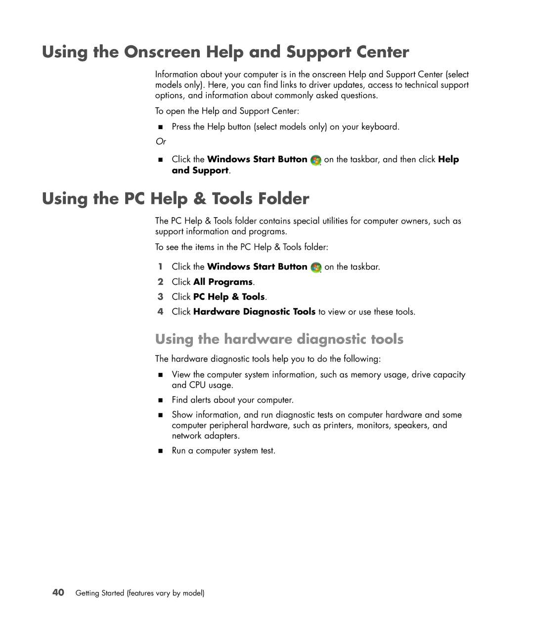 HP a6347c manual Using the Onscreen Help and Support Center, Using the PC Help & Tools Folder 