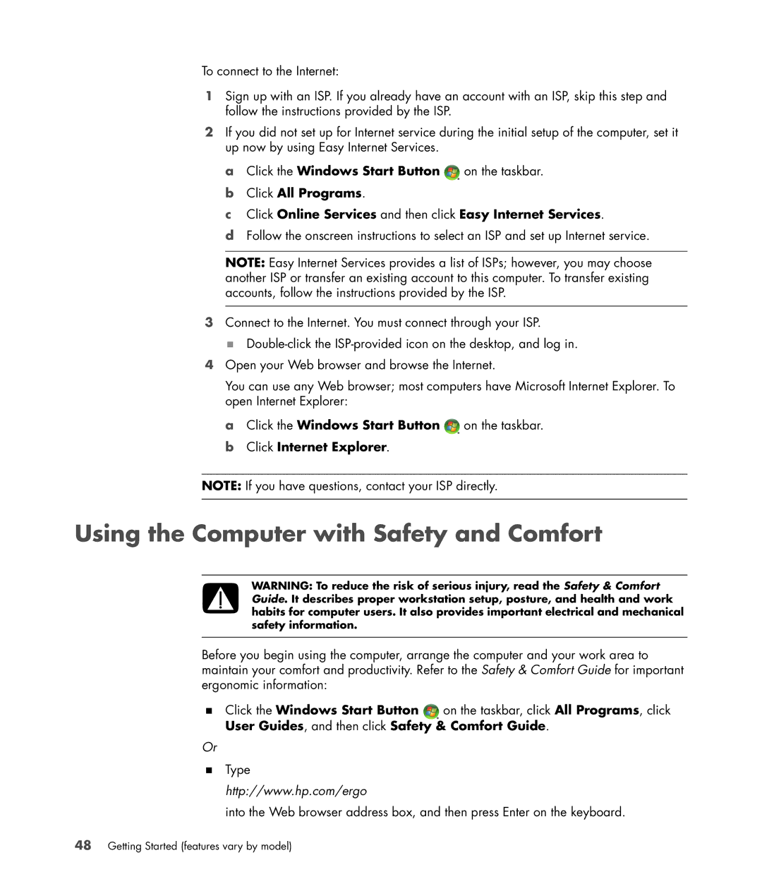 HP a6347c manual Using the Computer with Safety and Comfort, Click Online Services and then click Easy Internet Services 