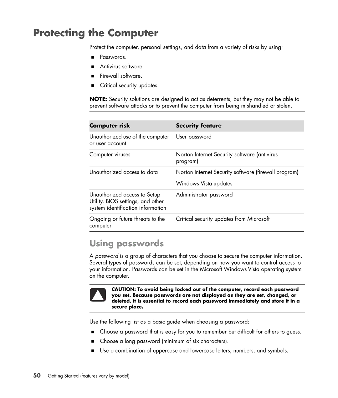 HP a6347c manual Protecting the Computer, Using passwords, Computer risk Security feature 