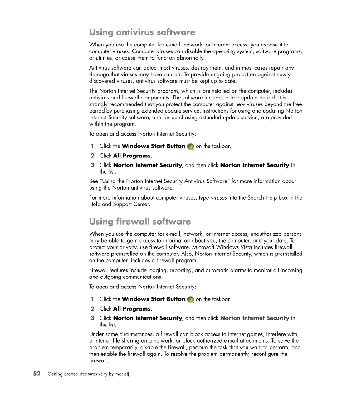 HP a6347c manual Using antivirus software, Using firewall software, Click All Programs 