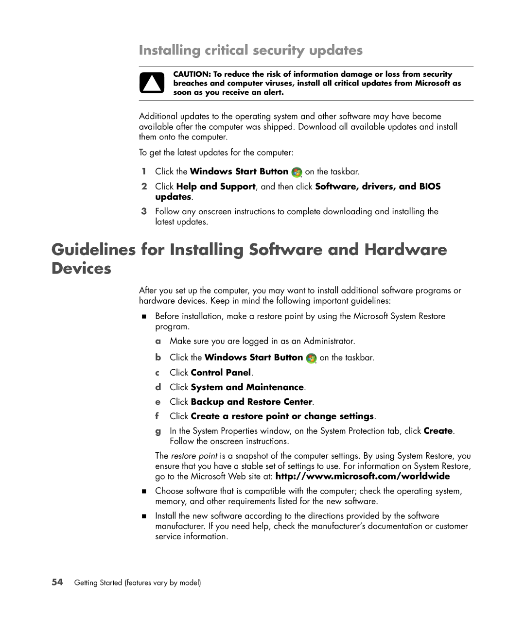 HP a6347c manual Guidelines for Installing Software and Hardware Devices, Installing critical security updates 