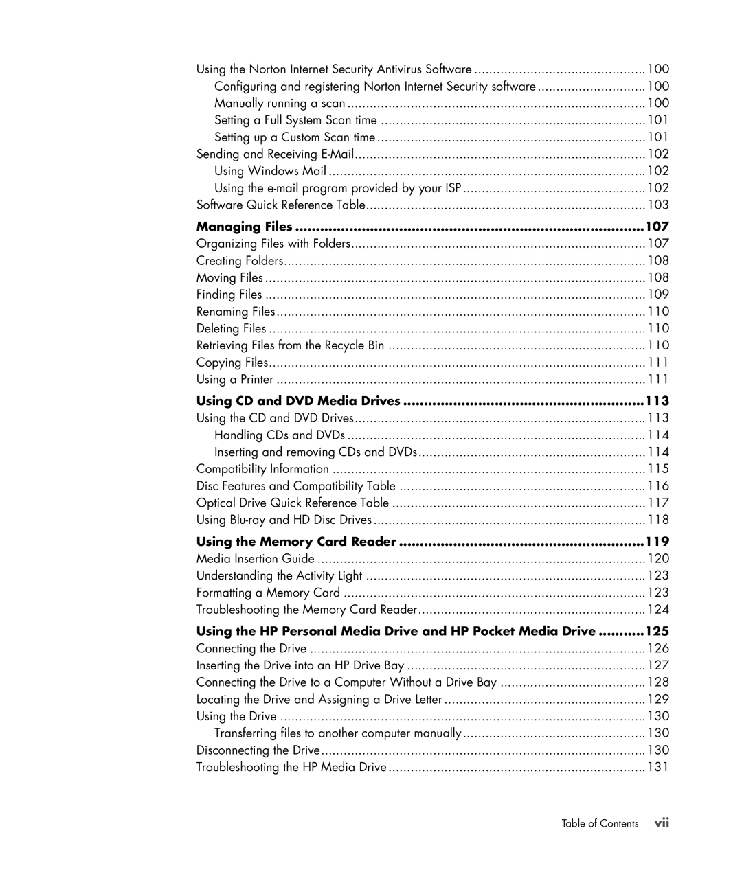 HP a6347c manual Managing Files 107, Using CD and DVD Media Drives 113, Using the Memory Card Reader 119 