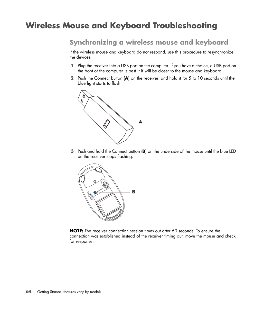 HP a6347c manual Wireless Mouse and Keyboard Troubleshooting, Synchronizing a wireless mouse and keyboard 