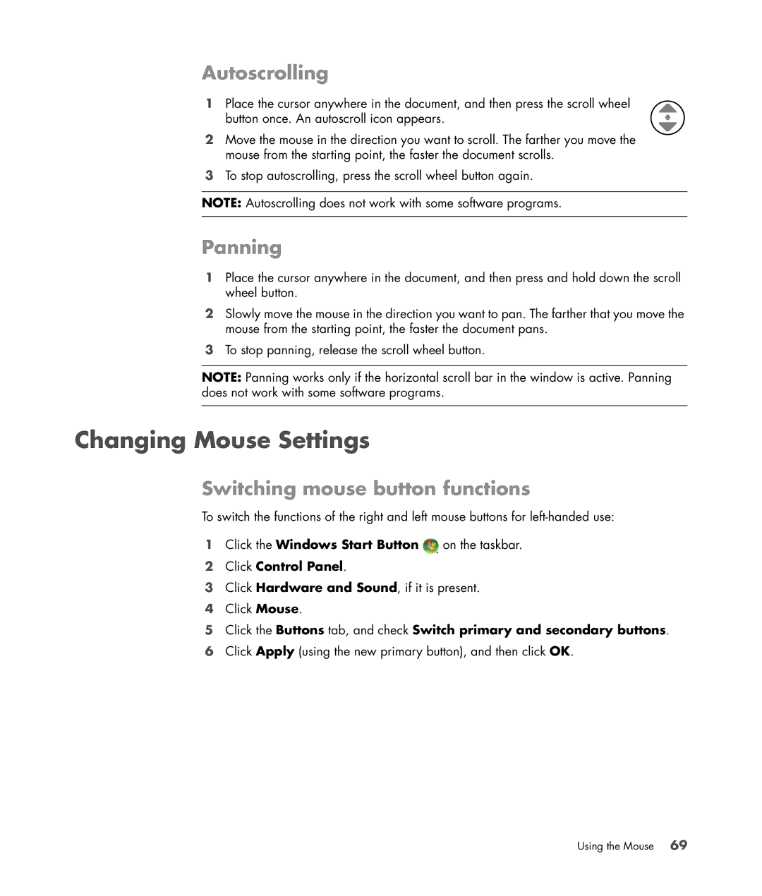 HP a6347c manual Changing Mouse Settings, Autoscrolling, Panning, Switching mouse button functions 