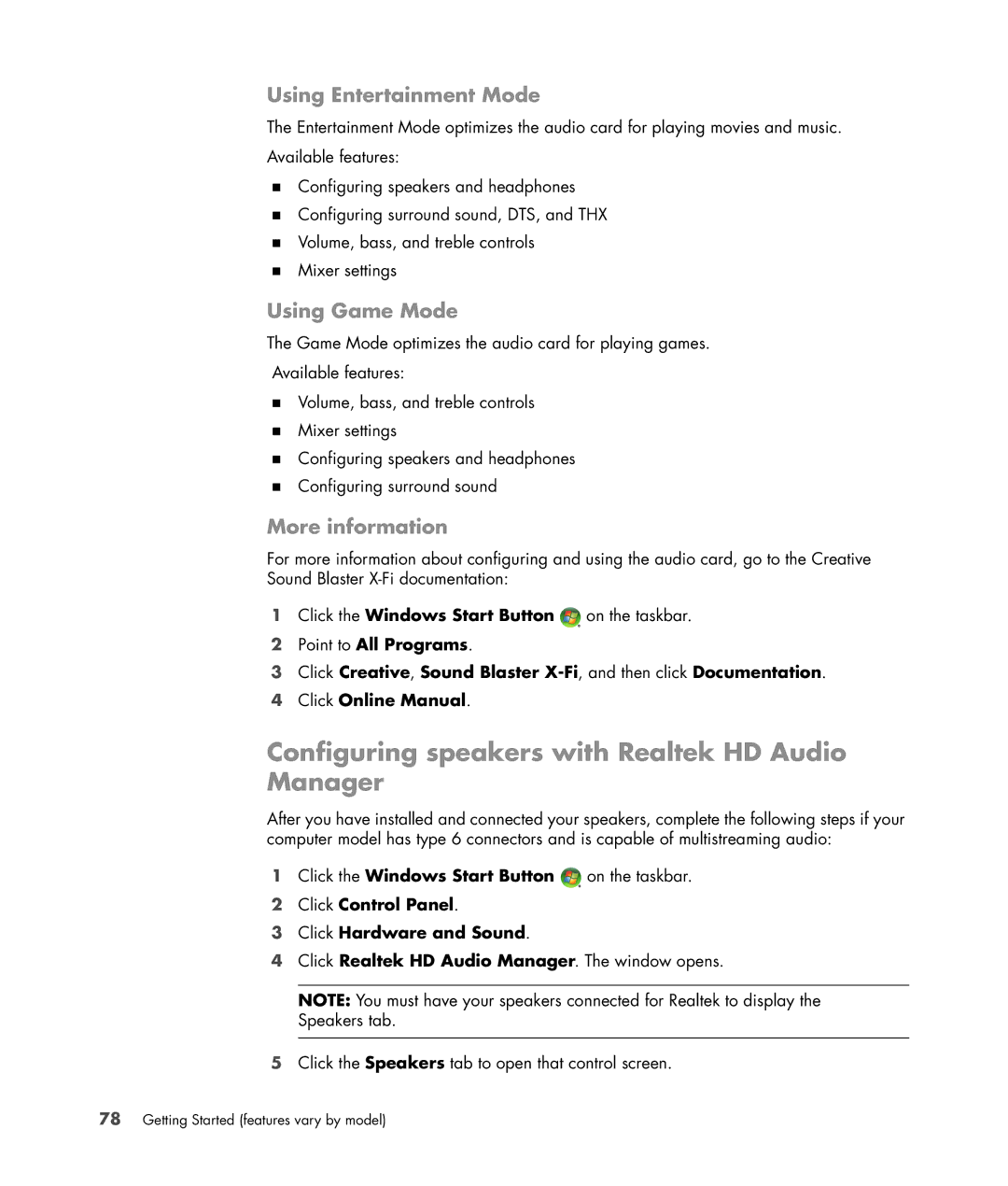 HP a6347c Configuring speakers with Realtek HD Audio Manager, Using Entertainment Mode, Using Game Mode, More information 