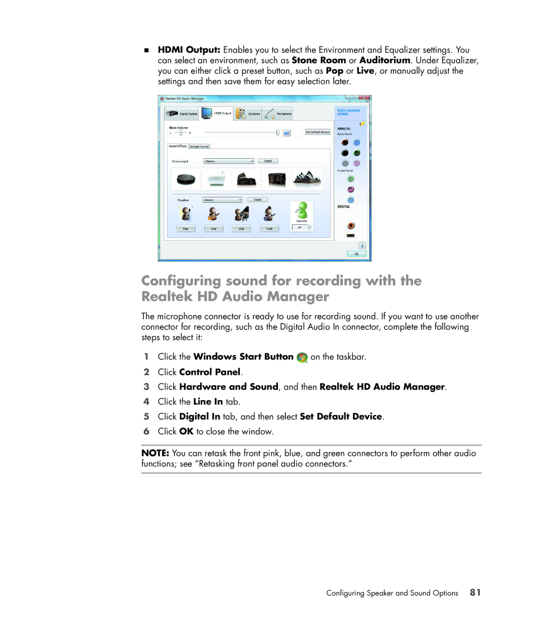 HP a6347c manual Click Digital In tab, and then select Set Default Device 