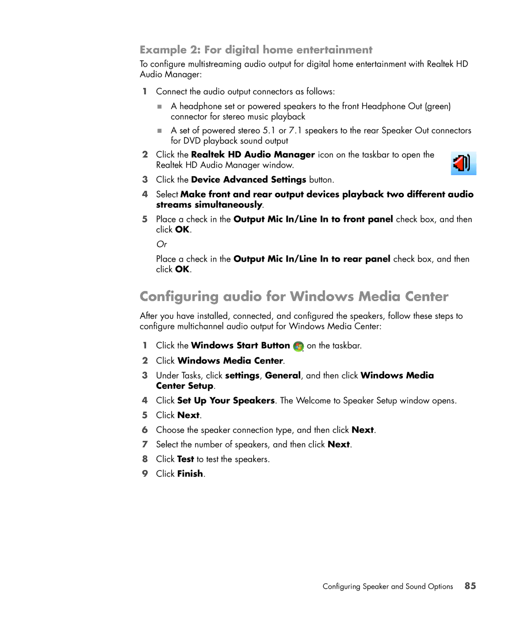 HP a6347c Configuring audio for Windows Media Center, Example 2 For digital home entertainment, Click Windows Media Center 