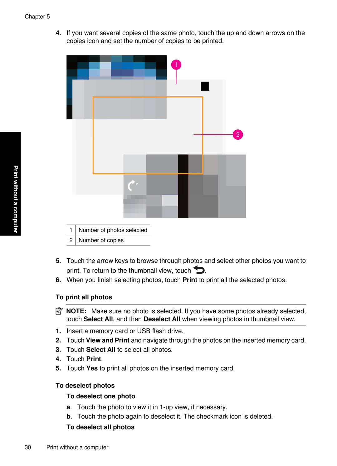 HP A646 Inkjet CC001A#B1H manual To print all photos, To deselect photos To deselect one photo, To deselect all photos 