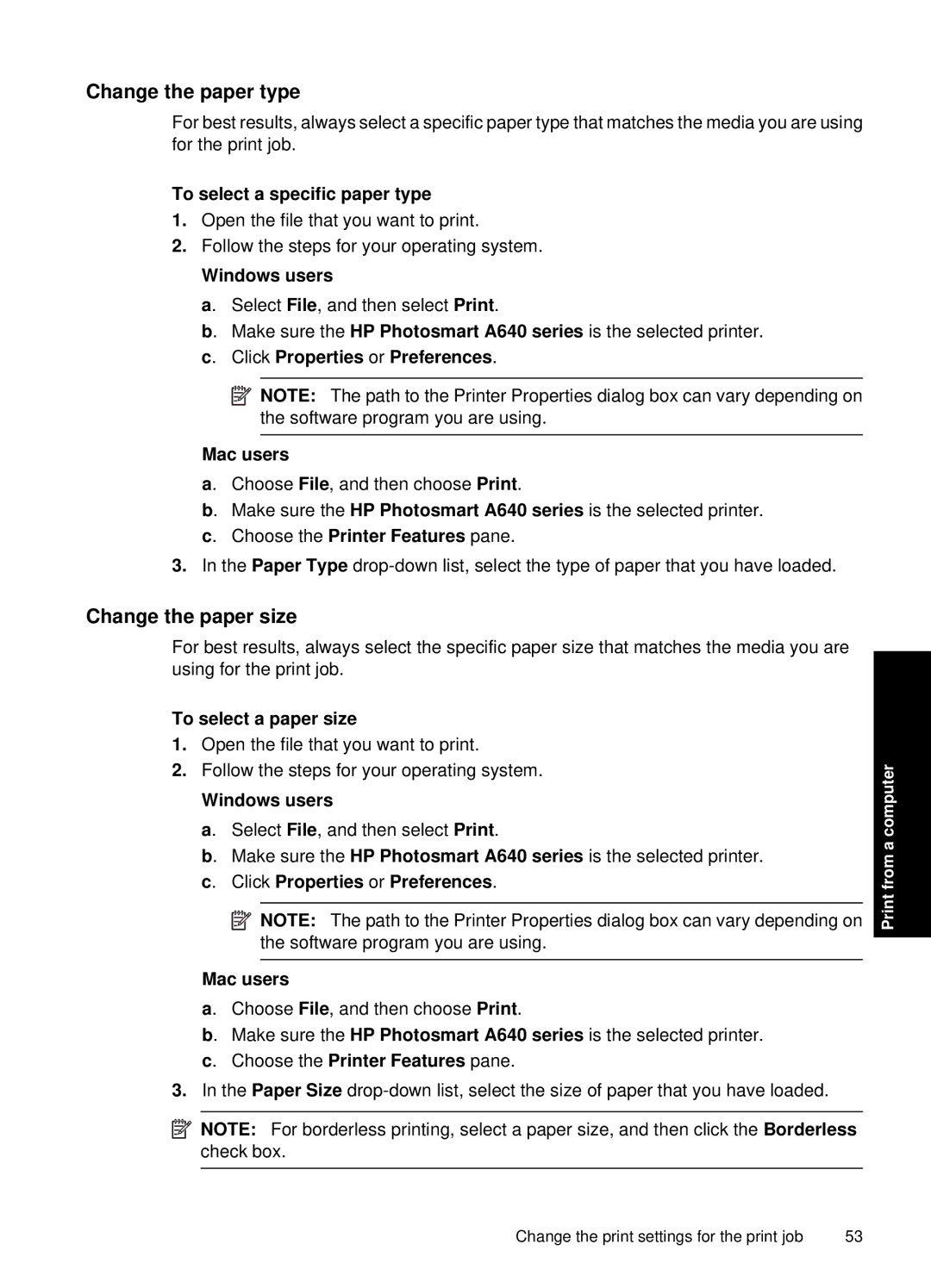 HP A646 Inkjet CC001A#B1H manual Change the paper type, Change the paper size, To select a specific paper type 