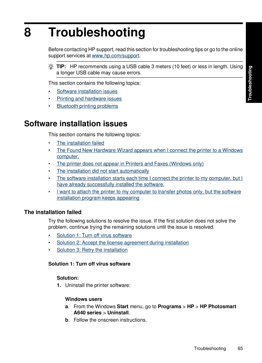 HP A646 Inkjet CC001A#B1H manual Troubleshooting, Software installation issues, Installation failed 