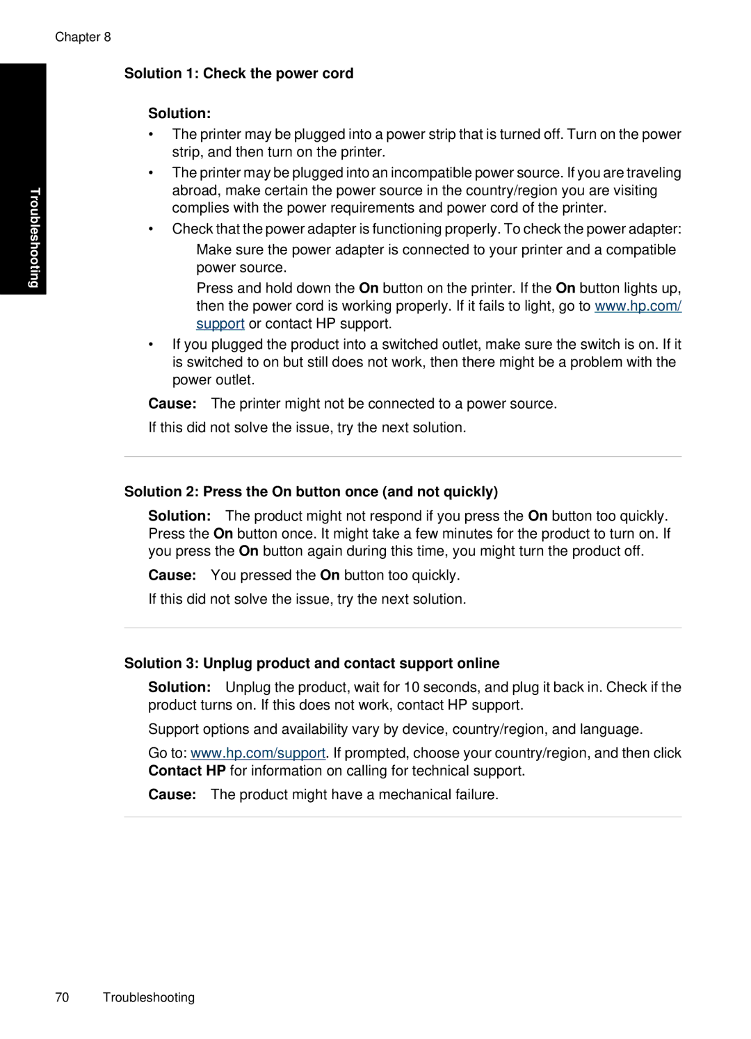 HP A646 Inkjet CC001A#B1H manual Solution 1 Check the power cord, Solution 2 Press the On button once and not quickly 