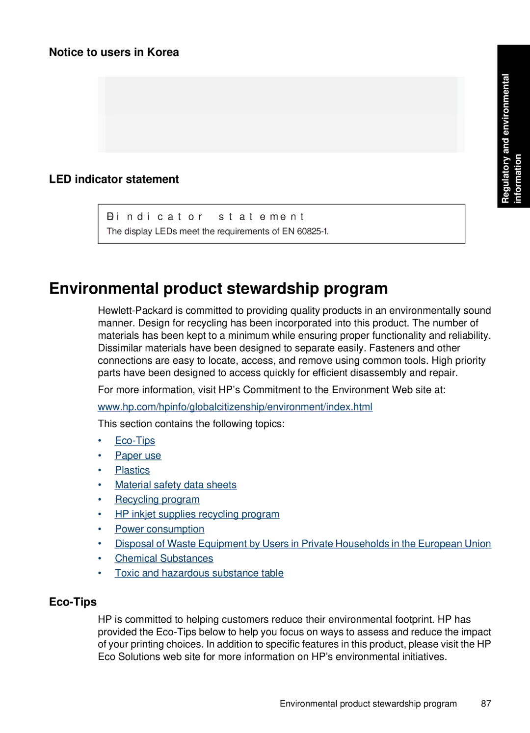 HP A646 Inkjet CC001A#B1H manual Environmental product stewardship program, LED indicator statement, Eco-Tips 