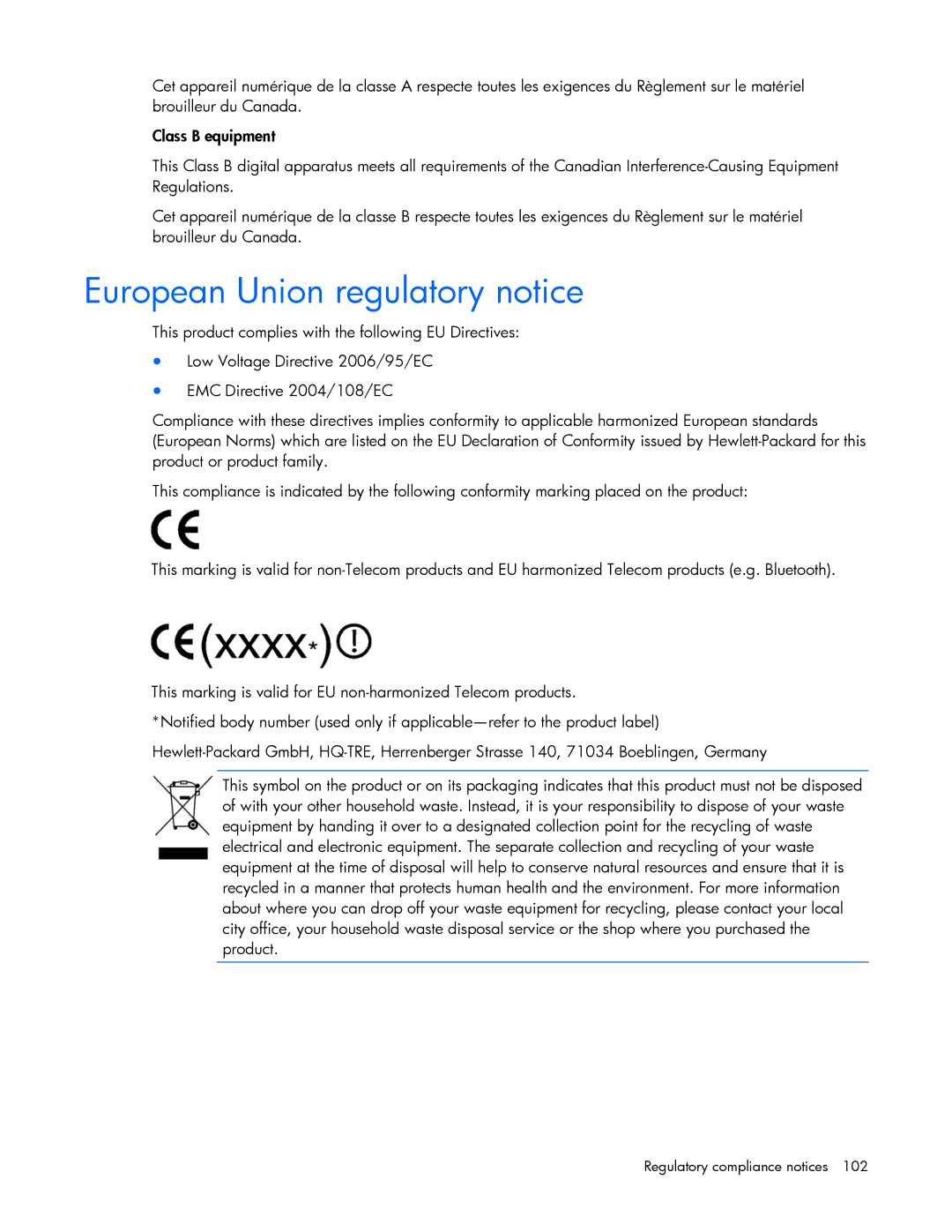 HP J4373A, A6584A, A1354A, A1353A, A1356A, J4370A, J4367A manual European Union regulatory notice 