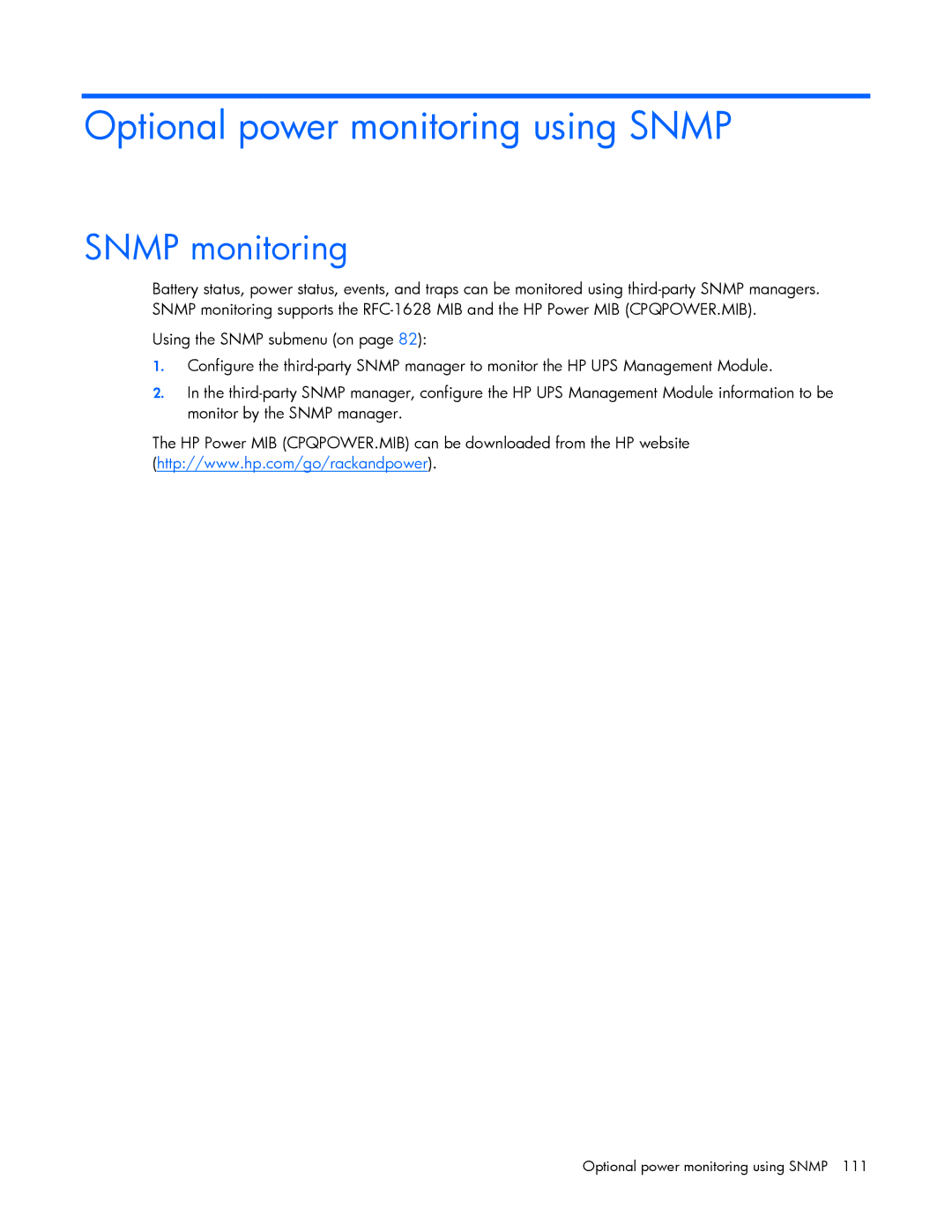 HP J4367A, A6584A, A1354A, A1353A, A1356A, J4373A, J4370A manual Optional power monitoring using Snmp, Snmp monitoring 