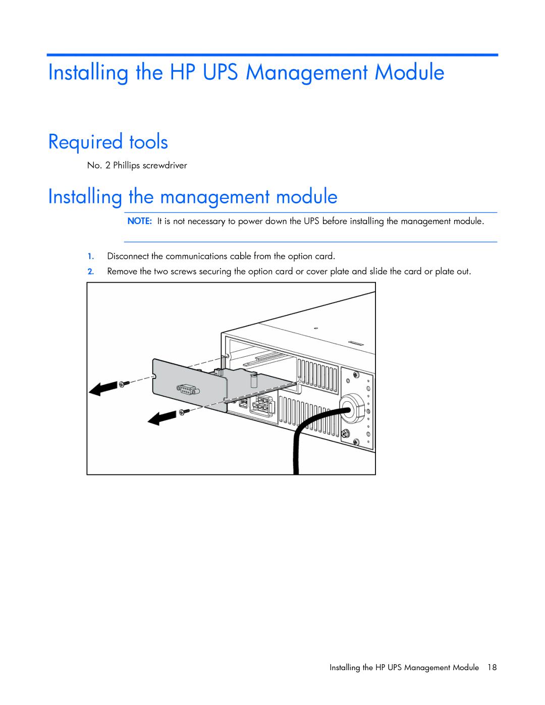 HP J4373A, A6584A, A1354A, A1353A Installing the HP UPS Management Module, Required tools, Installing the management module 