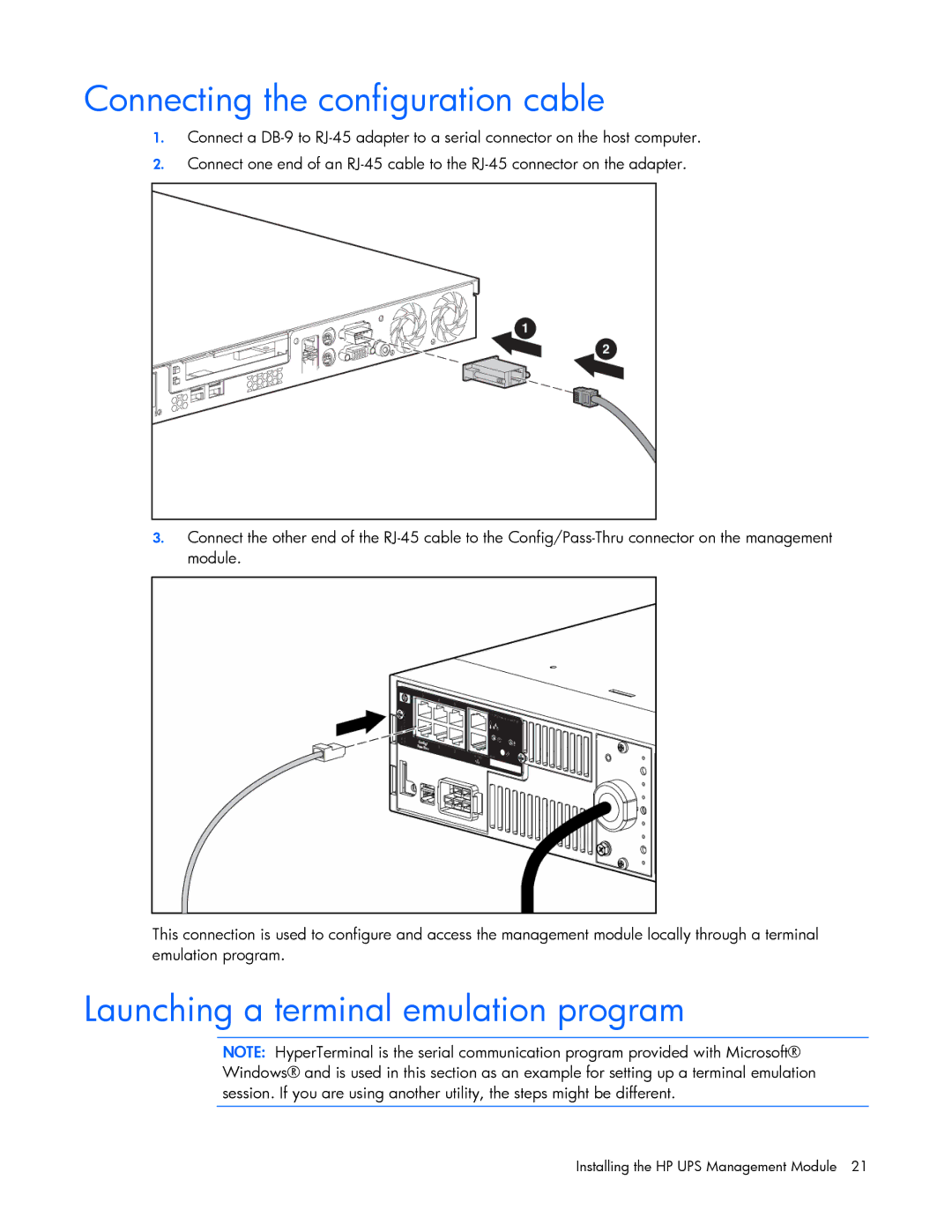 HP A6584A, A1354A, A1353A, A1356A, J4373A, J4370A Connecting the configuration cable, Launching a terminal emulation program 