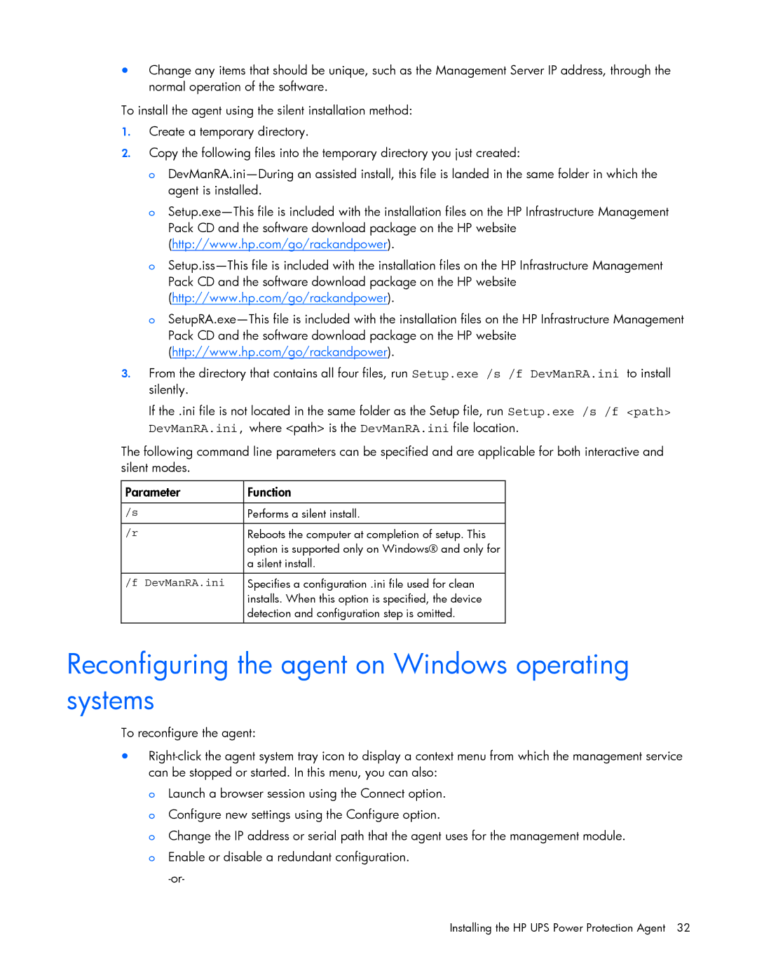 HP J4373A, A6584A, A1354A, A1353A, A1356A, J4370A, J4367A Reconfiguring the agent on Windows operating systems, DevManRA.ini 