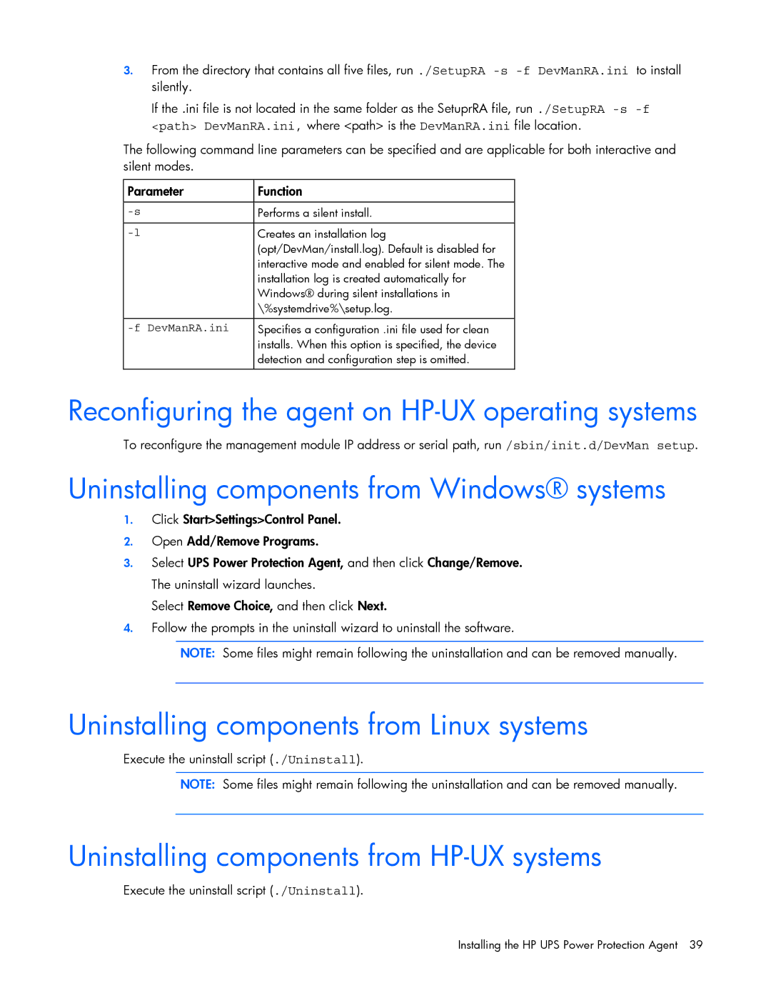 HP J4373A, A6584A, A1354A Reconfiguring the agent on HP-UX operating systems, Uninstalling components from Windows systems 