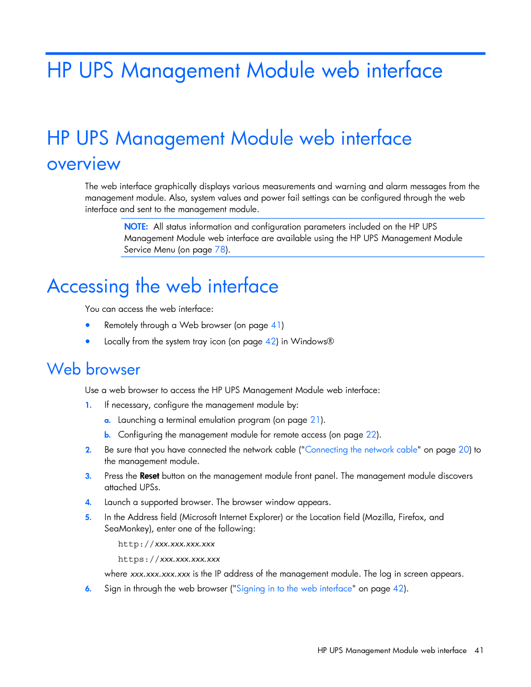 HP J4367A, A6584A, A1354A HP UPS Management Module web interface overview, Accessing the web interface, Web browser 