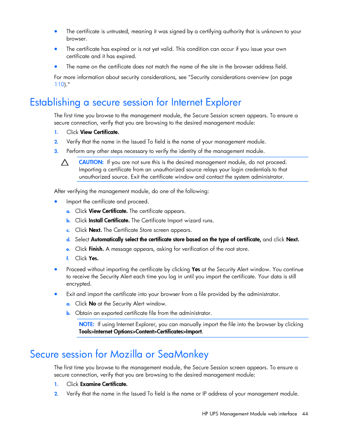 HP A1353A, A6584A, A1354A manual Establishing a secure session for Internet Explorer, Secure session for Mozilla or SeaMonkey 