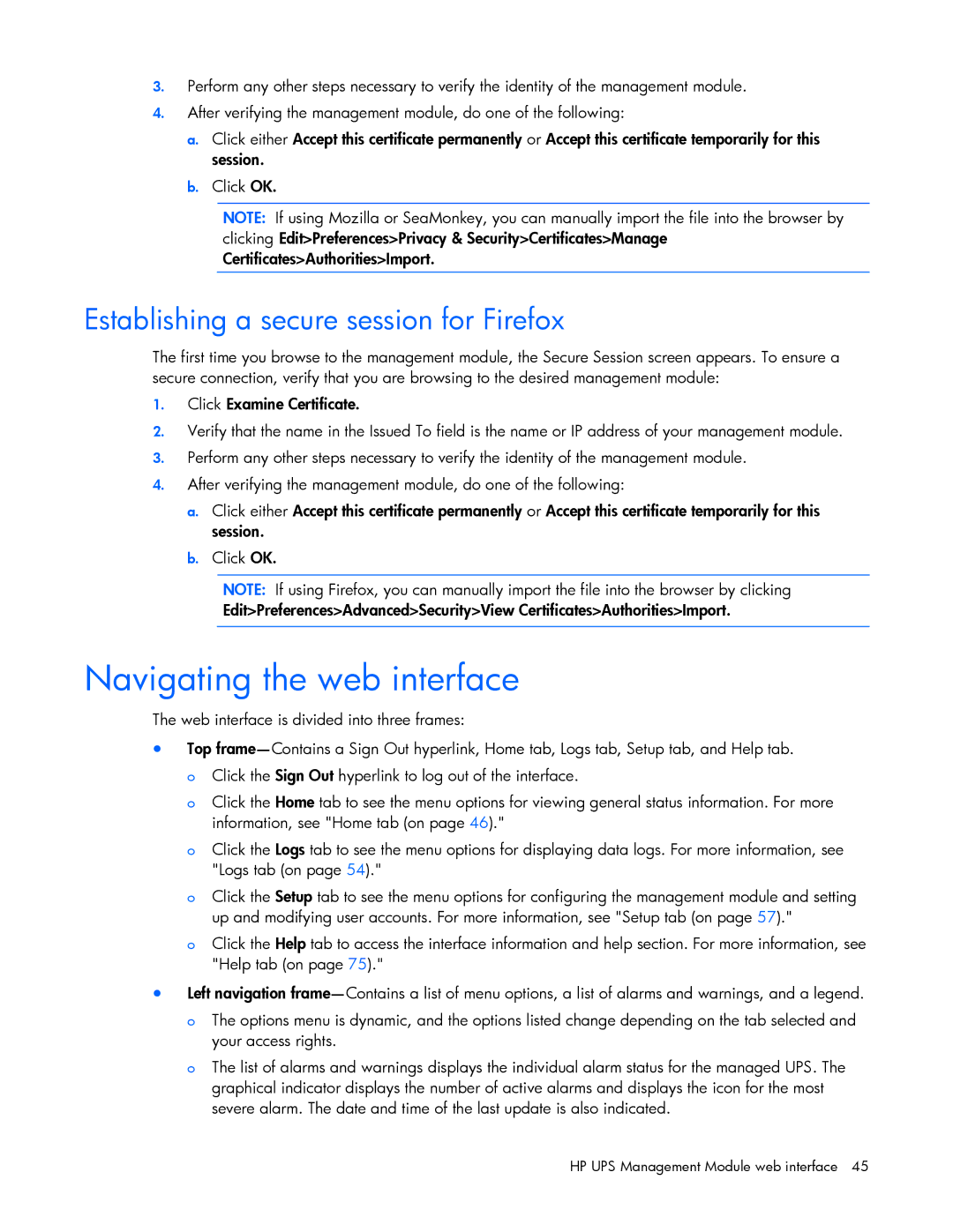 HP A1356A, A6584A, A1354A, A1353A, J4373A, J4370A manual Navigating the web interface, Establishing a secure session for Firefox 