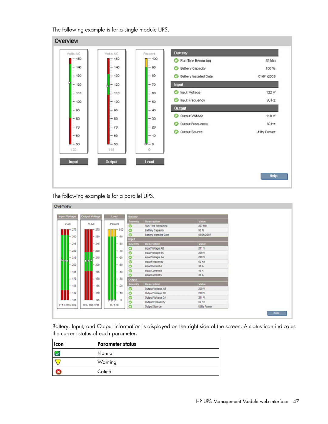 HP J4370A, A6584A, A1354A, A1353A, A1356A, J4373A, J4367A manual Normal Critical HP UPS Management Module web interface 