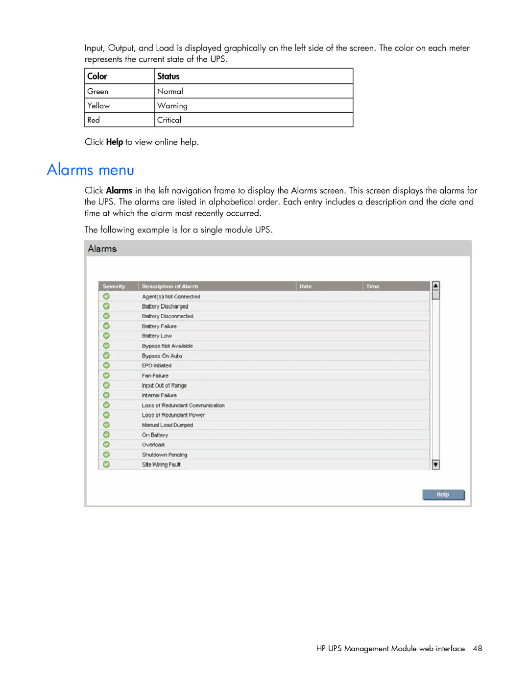 HP J4367A, A6584A, A1354A, A1353A, A1356A, J4373A, J4370A manual Alarms menu 