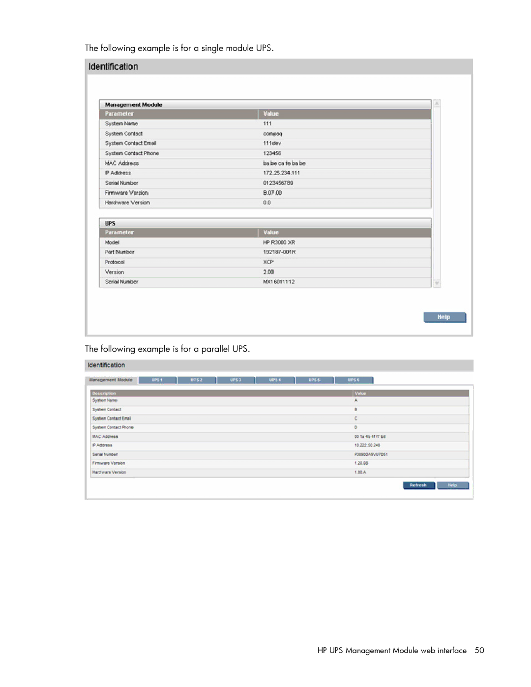 HP A1354A, A6584A, A1353A, A1356A, J4373A, J4370A, J4367A manual HP UPS Management Module web interface 